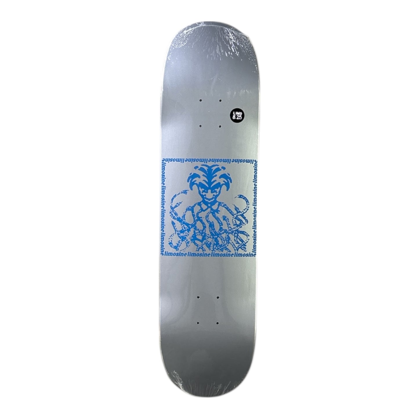 Skateboard deck with blue graphic design on a white background