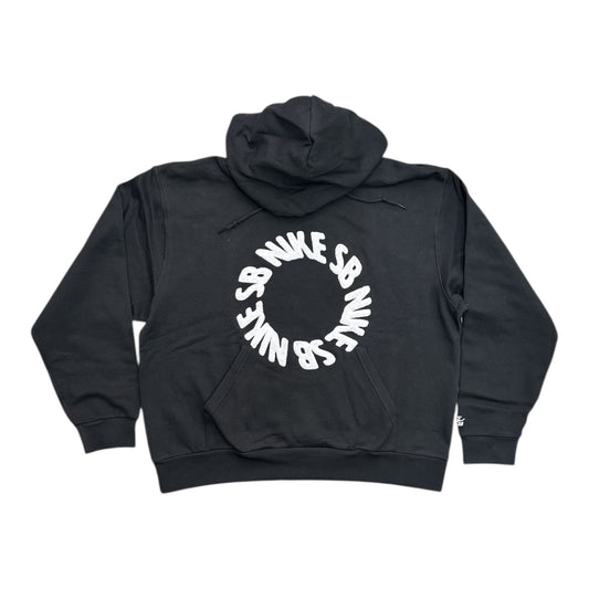 Black hoodie with white branding on a white background