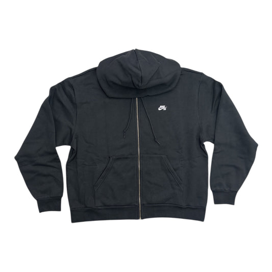 Black hoodie with a brand logo on the chest against a white background