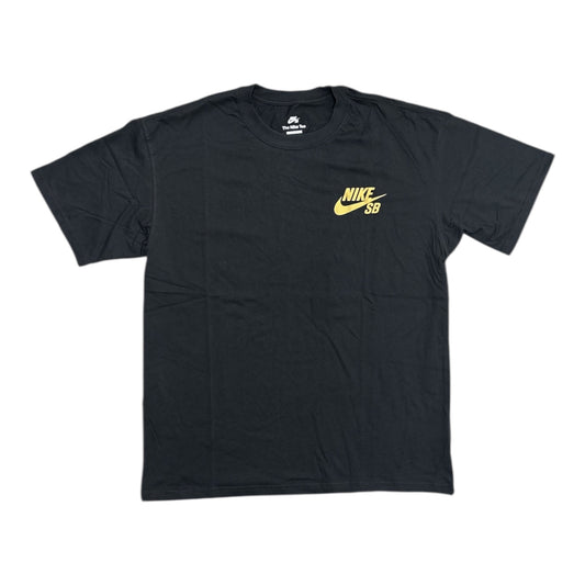 Black t-shirt with yellow Nike SB logo on a white background