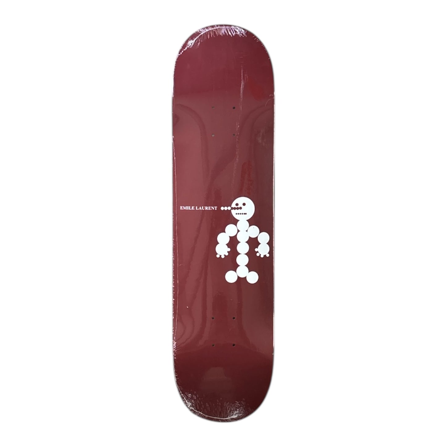 Maroon skateboard deck with a white graphic on a white background