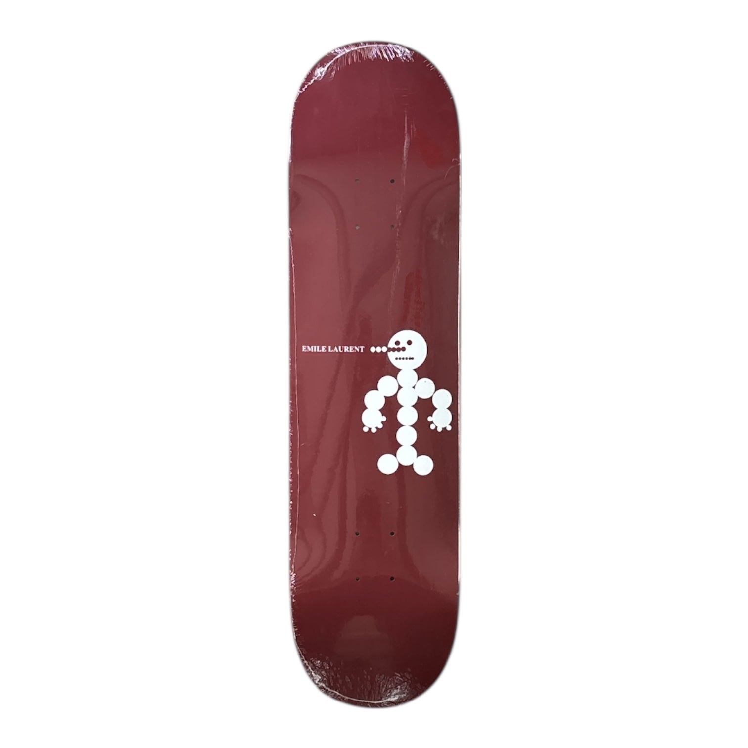 Maroon skateboard deck with a white graphic on a white background