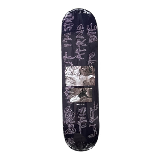 Skateboard deck with text and images on a white background