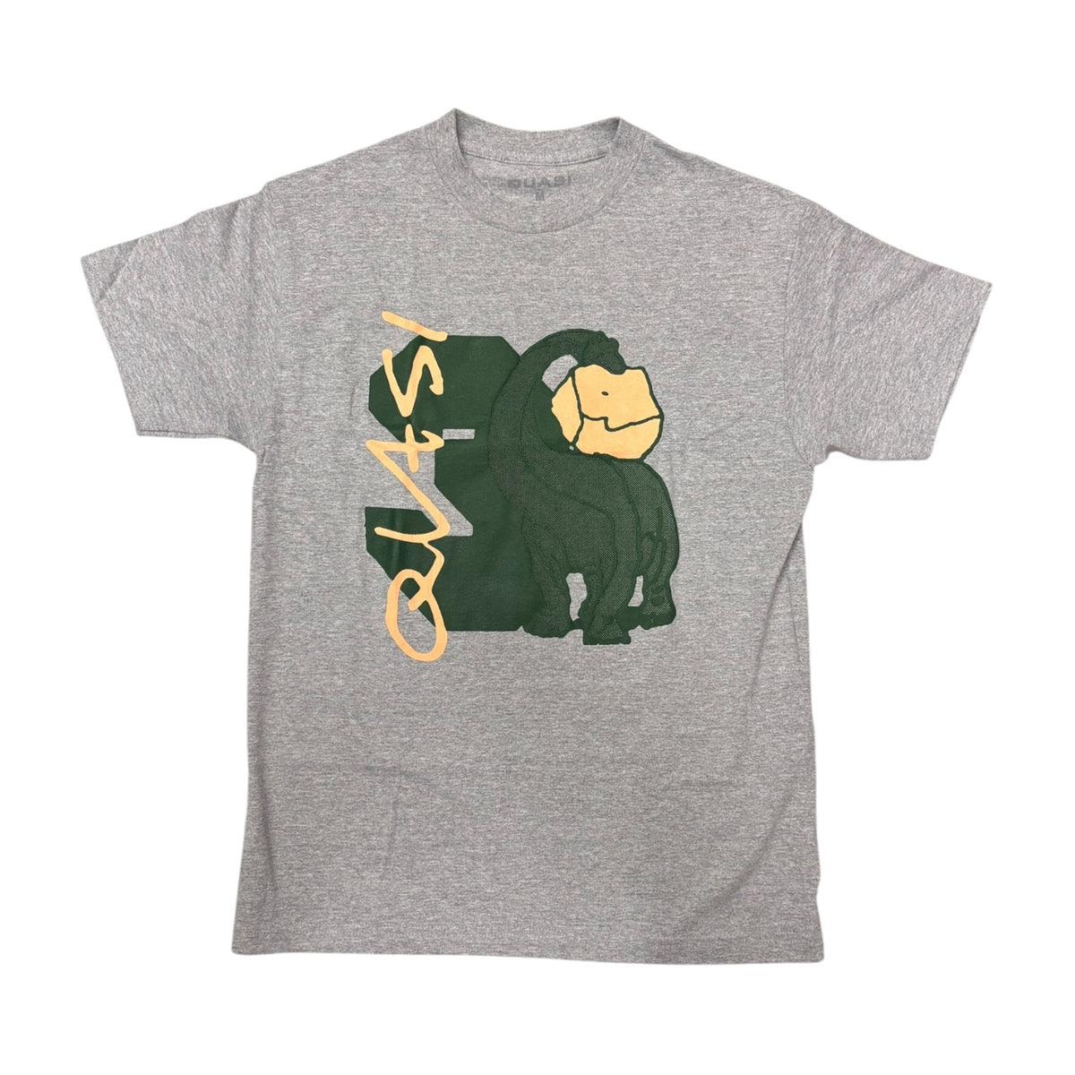 A heather gray short-sleeve t-shirt featuring a graphic print of a dark green gorilla holding a yellow backpack with the word 'STAN' written in yellow graffiti-style lettering.