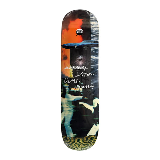 A skateboard deck featuring a complex graphic print with a blue car, a wolf, a dancer, and the text 'JUSTIN BIERING' and 'HENRY' in white script, with a small circular 'GAB' logo near the top.