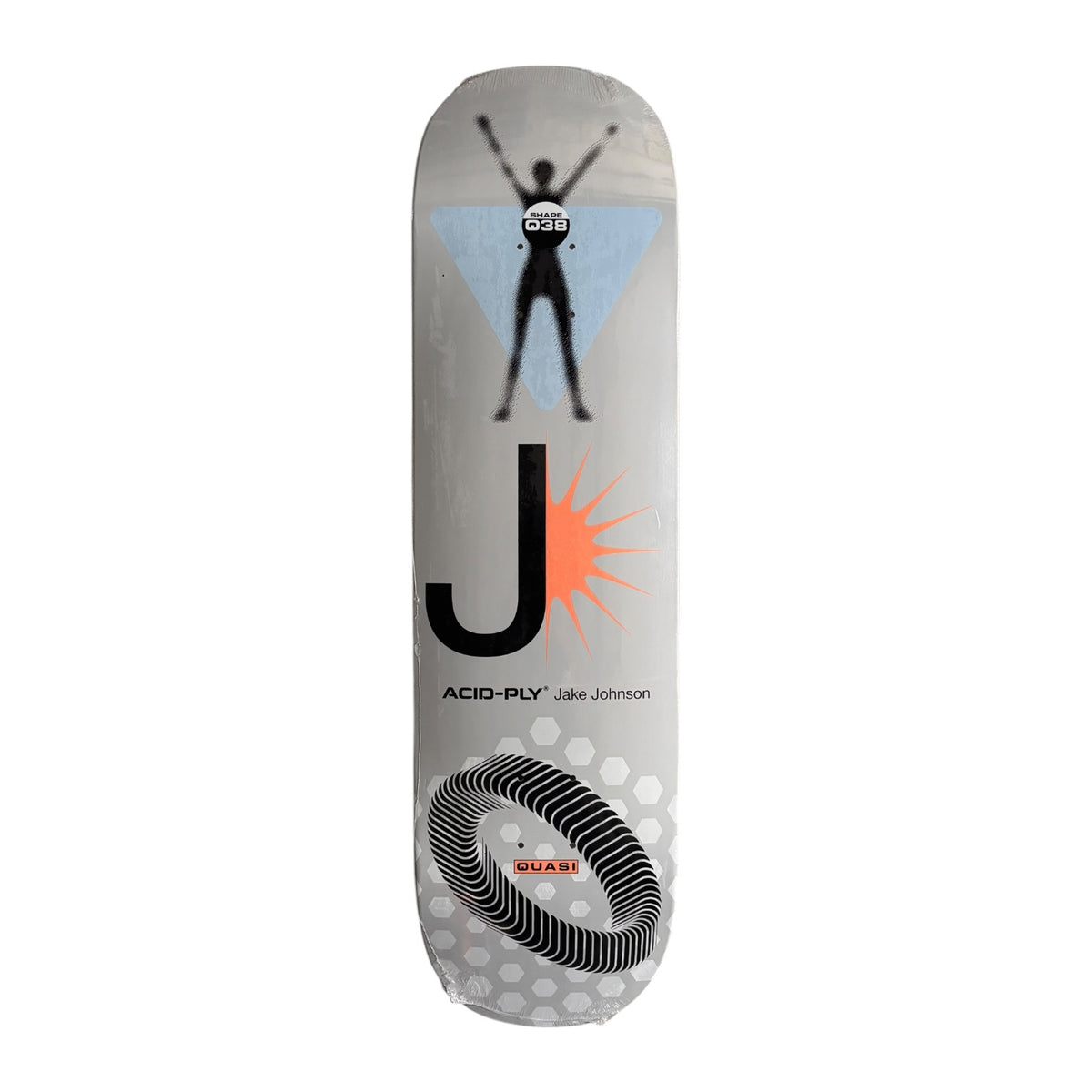 A skateboard deck featuring a silver-gray background with a large black letter 'J', an orange sunburst graphic, a black silhouette of a skier in a light blue triangle, and a black-and-white striped ring near the bottom. The text 'ACID-PLY' and 'Jake Johnson' are printed on the deck.