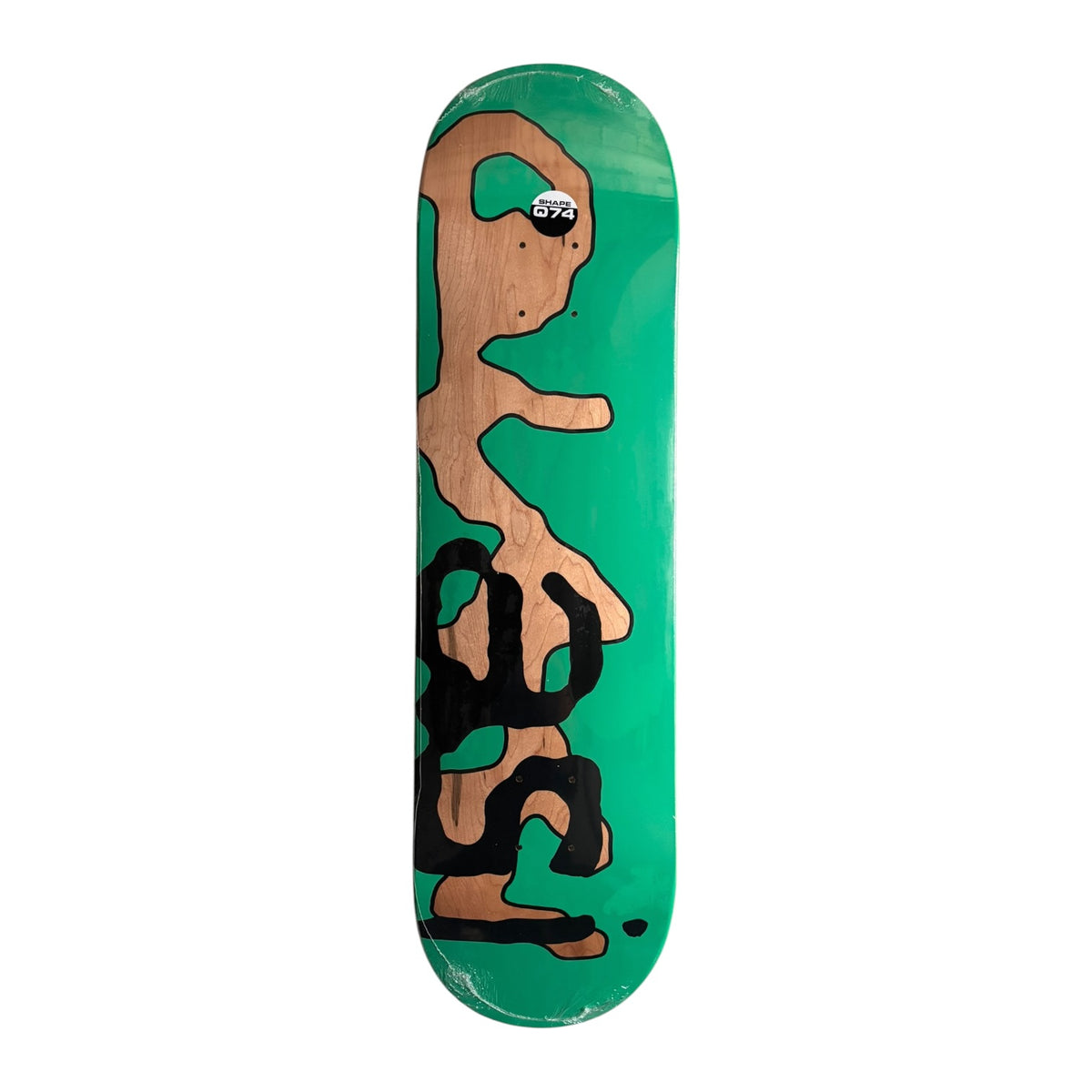 A skateboard deck with a bright green background and a stylized, abstract cartoon figure in light brown and black, shown against a plain white background.