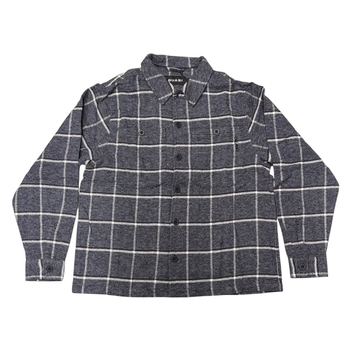 A dark gray and white plaid button-up shirt jacket with shoulder epaulets, laid flat against a white background.
