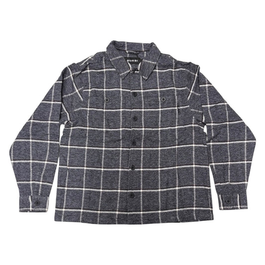 A dark gray and white plaid button-up shirt jacket with shoulder epaulets, laid flat against a white background.