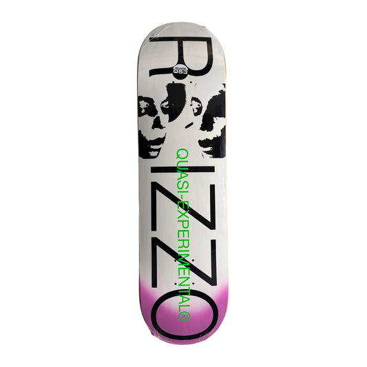 A Quasi Experimental 'No' skateboard deck featuring a white to pink gradient, black graphic text and faces, and green vertical lettering, shown on a plain white background.