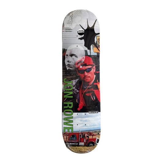 A skateboard deck featuring a collage-style graphic design with portraits of Jon Rowe, a red fire truck, and green vertical text reading 'JON ROWE' on a white background.