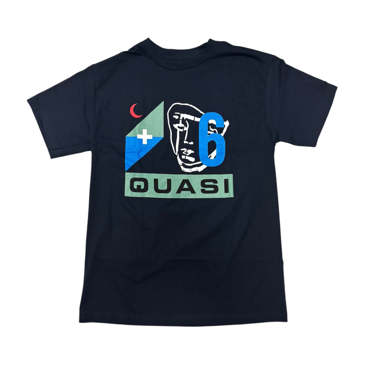 A navy blue short-sleeve t-shirt with a graphic print on the front featuring a stylized face, a blue number 6, a split green and blue flag with a white cross and red crescent, and the word 'QUASI' in black text on a green block.