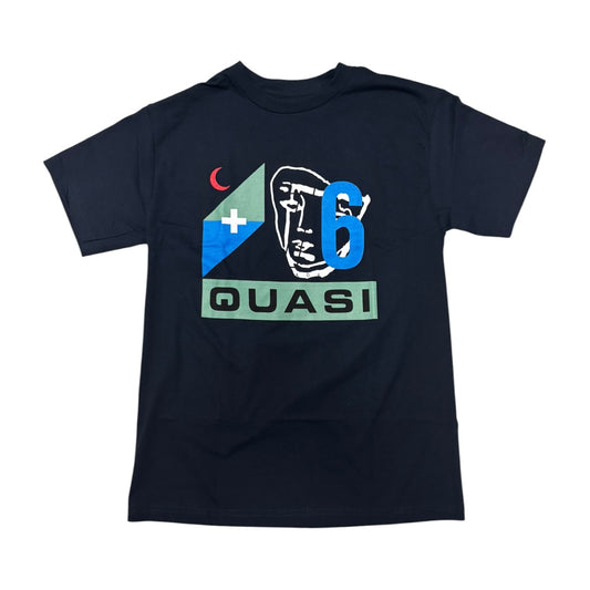 A navy blue short-sleeve t-shirt with a graphic print on the front featuring a stylized face, a blue number 6, a split green and blue flag with a white cross and red crescent, and the word 'QUASI' in black text on a green block.
