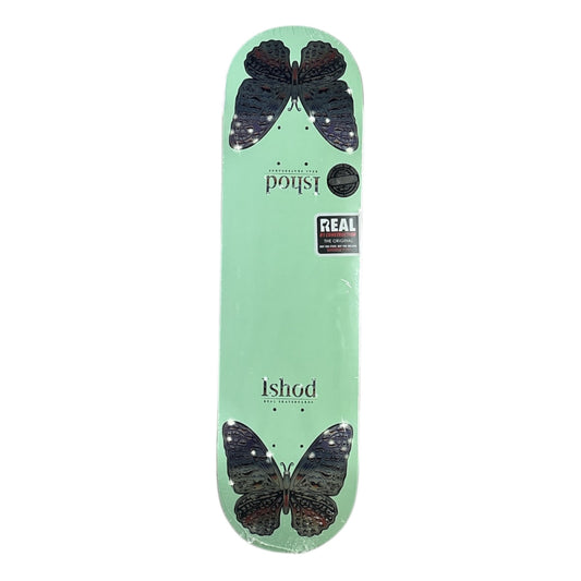 Skateboard deck with butterfly design and visible branding on a light green background