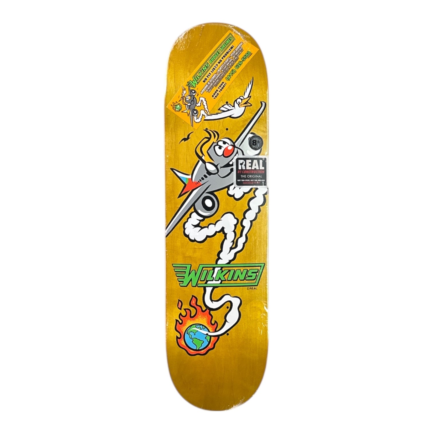 Skateboard deck with colorful graphics and brand logos on a yellow background