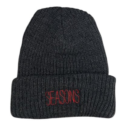 Seasons Skinny Font Beanie Charcoal RED FONT FRONT