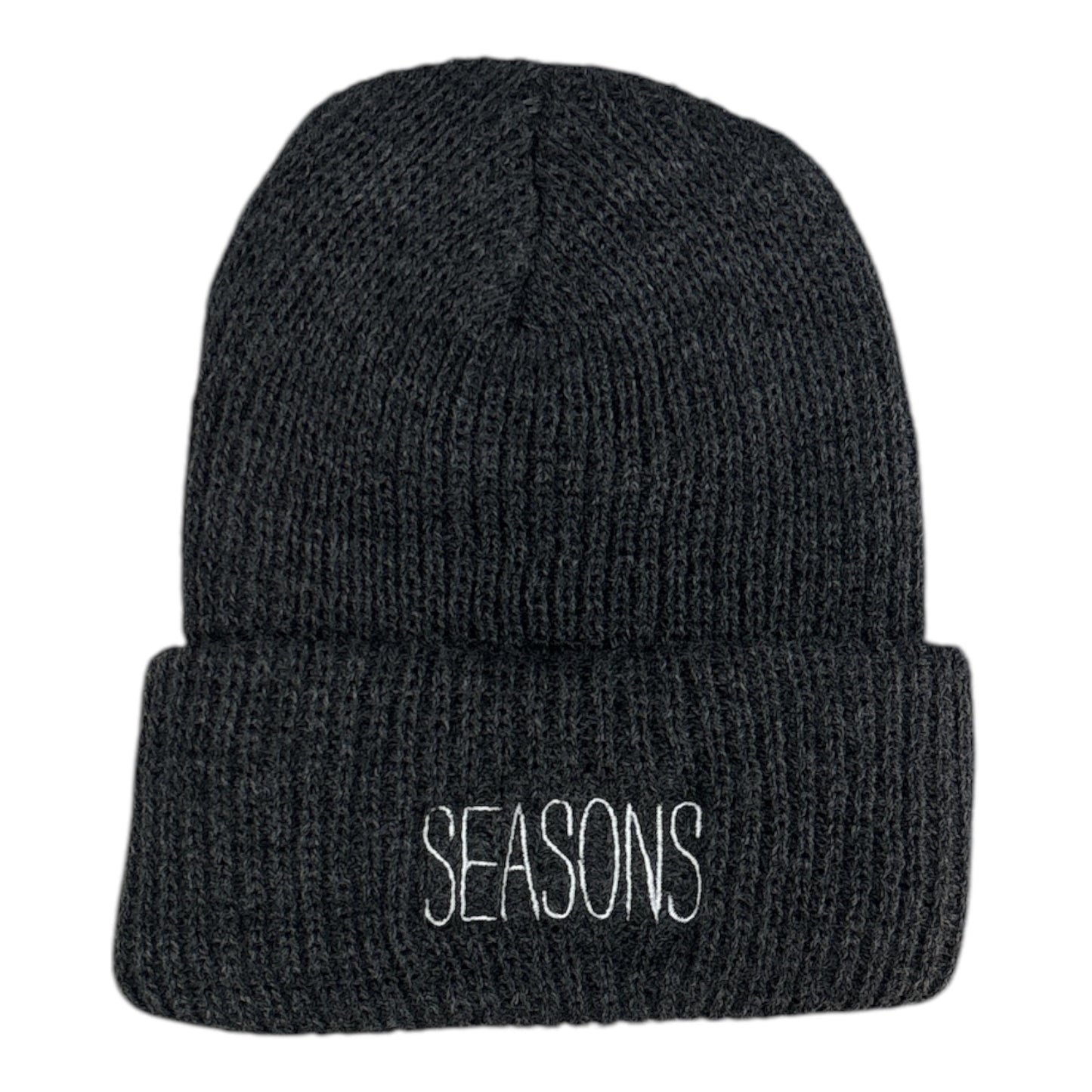 Seasons Skinny Font Beanie Charcoal White Font Front