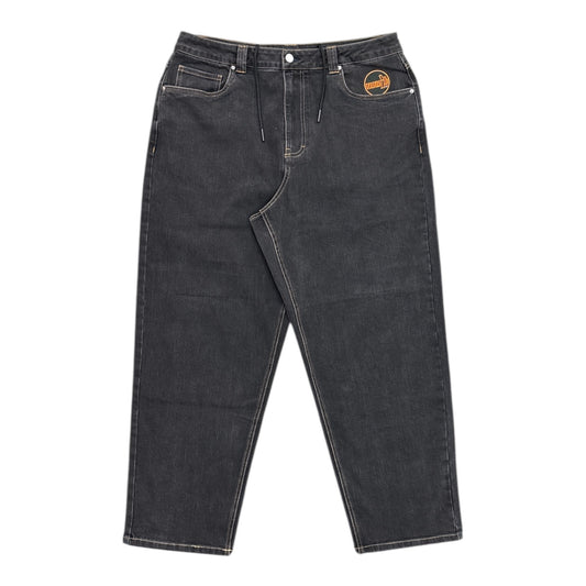 Black jeans with a brand logo on a white background