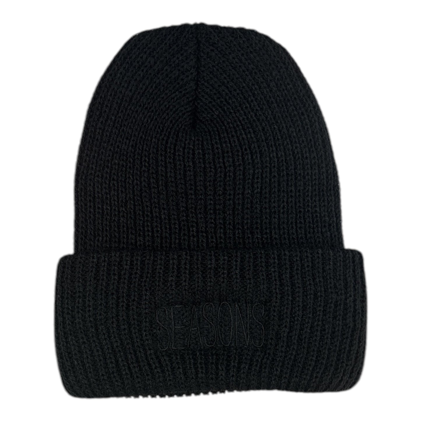 Seasons Skinny Font Beanie Black Logo