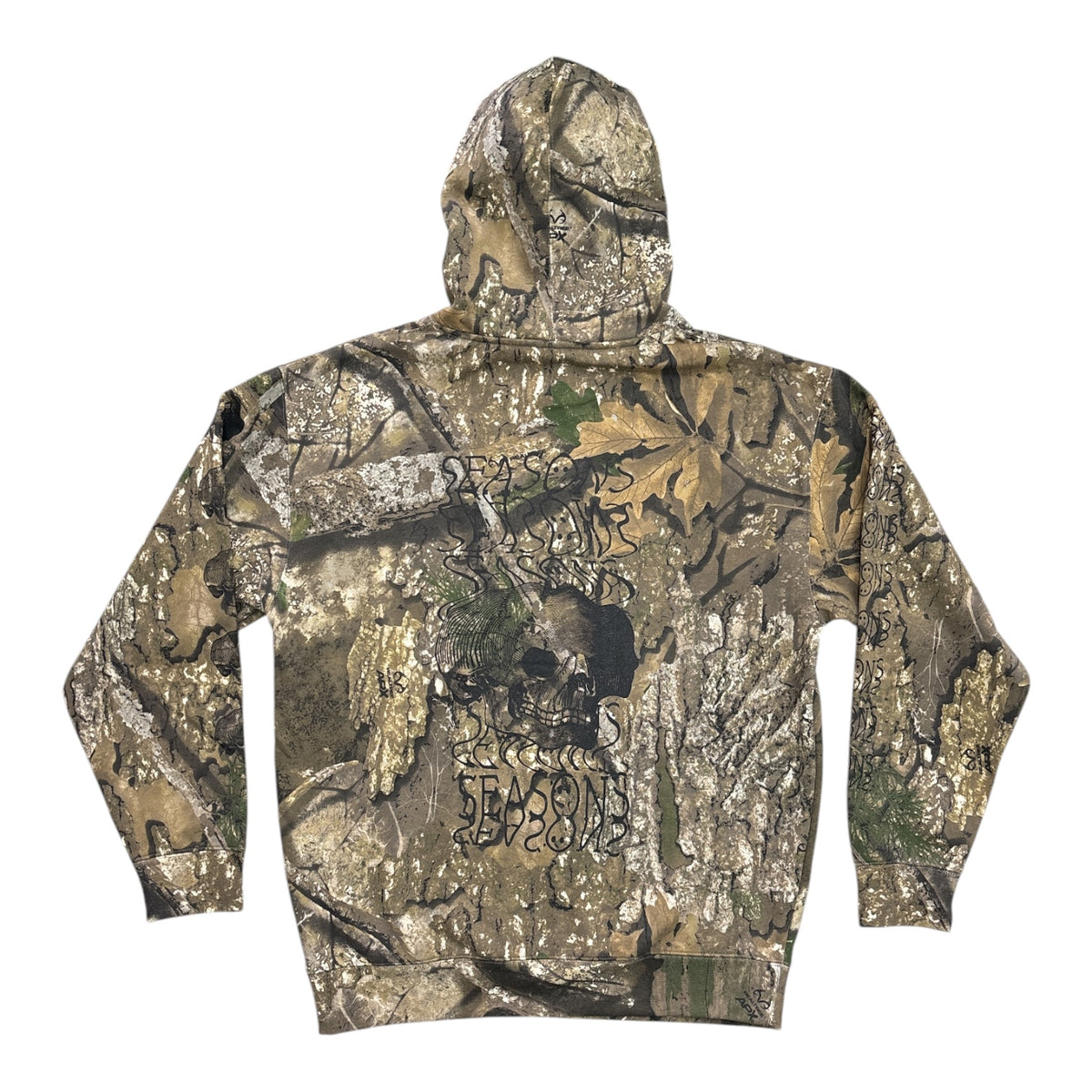 A long-sleeve hooded sweatshirt shown from the back, featuring a detailed Realtree Edge camouflage pattern with a skull and the words 'SKULL BONE' printed in black on the center.