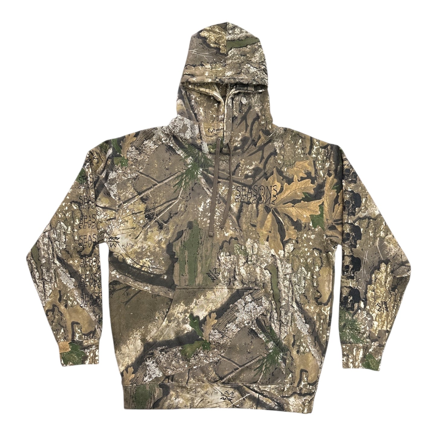 A long-sleeve pullover hoodie with an all-over woodland camouflage pattern, featuring a front kangaroo pocket and drawstring hood, shown against a plain white background.