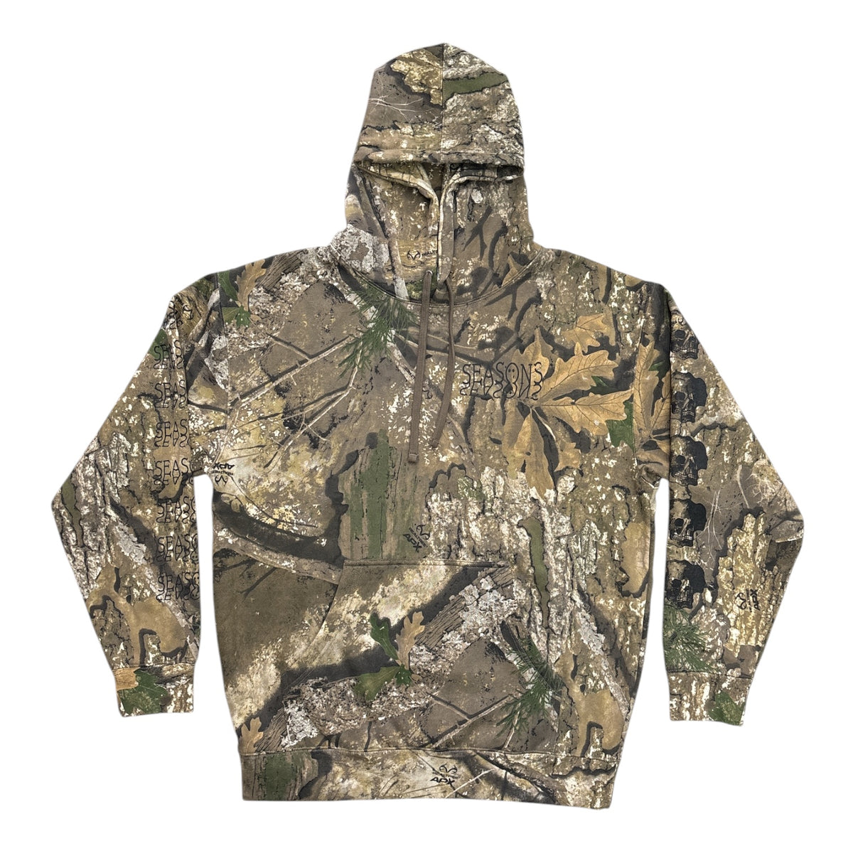 A long-sleeve pullover hoodie with an all-over woodland camouflage pattern, featuring a front kangaroo pocket and drawstring hood, shown against a plain white background.