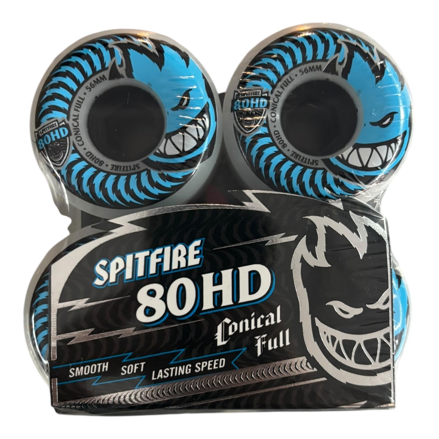 Two Spitfire 80HD skateboard wheels in packaging on a white background