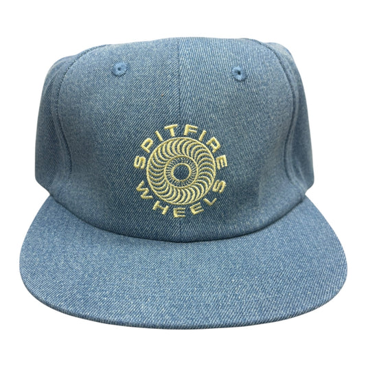 Blue denim cap with 'Spitfire Wheels' logo on a white background
