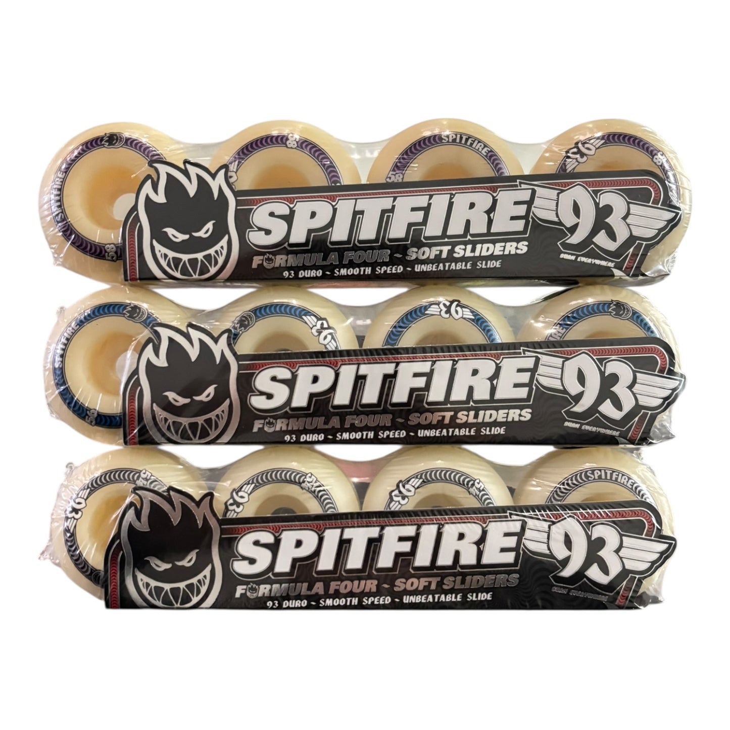 Pack of Spitfire Formula Four soft sliders on a white background