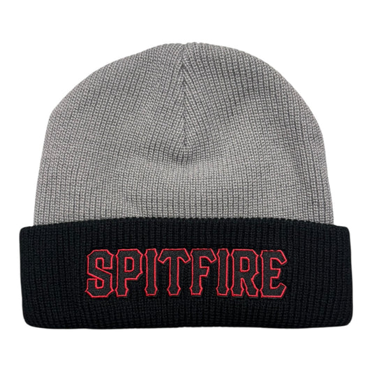 Gray beanie with black band and red 'SPITFIRE' text on a white background