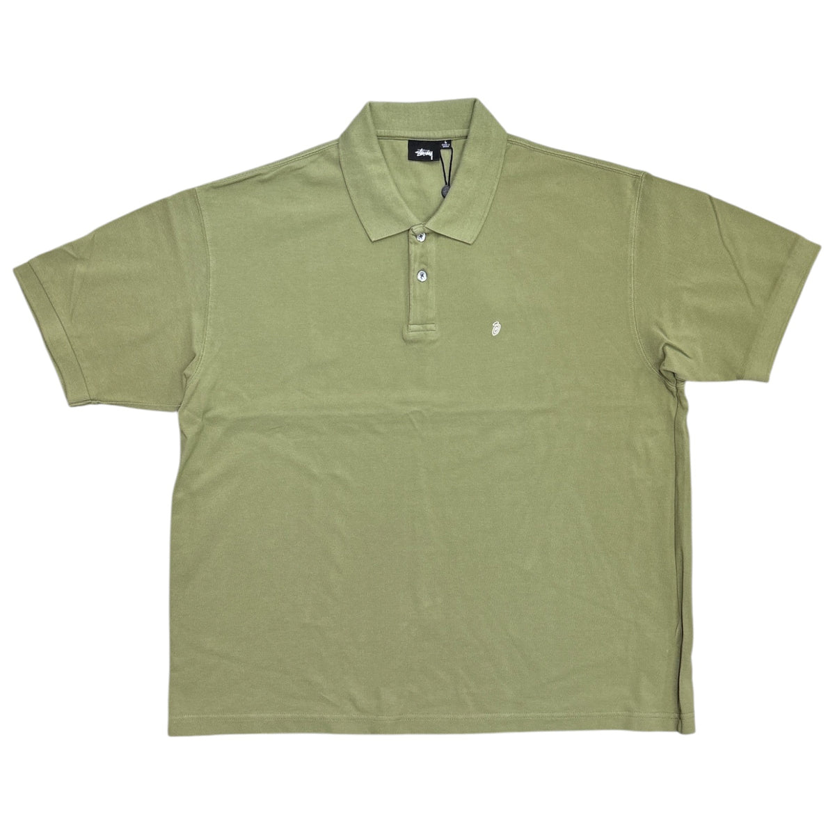 An olive green short-sleeve polo shirt with a two-button placket and a small white embroidered logo on the left chest, laid flat against a white background.