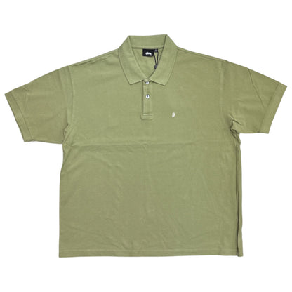 An olive green short-sleeve polo shirt with a two-button placket and a small white embroidered logo on the left chest, laid flat against a white background.