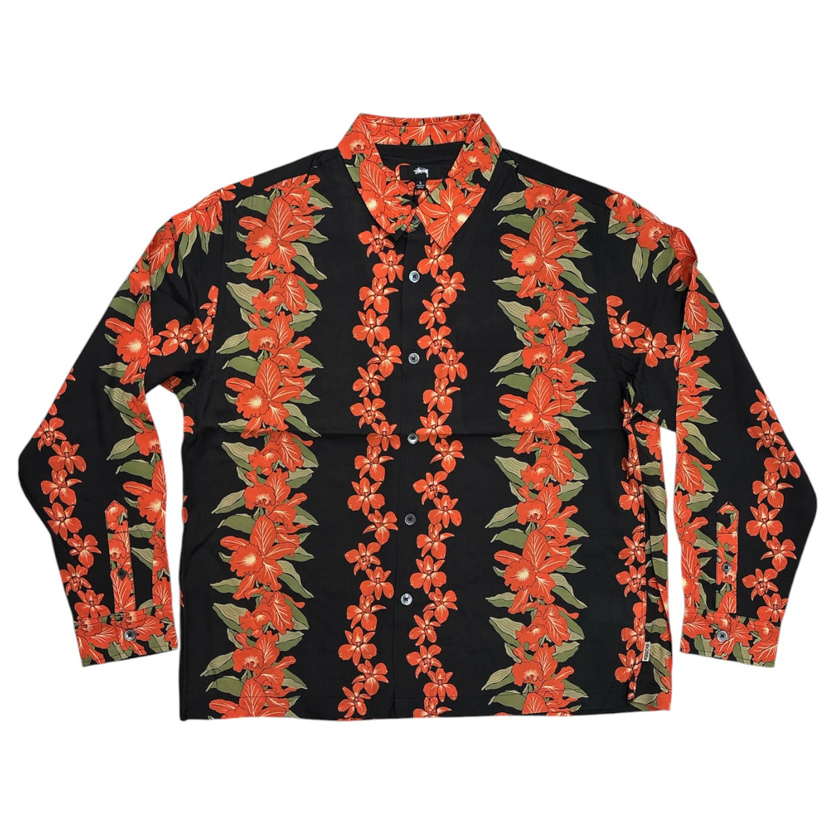 A long-sleeve button-up shirt with a black base and a vibrant red-orange floral pattern with green leaves, laid flat on a white background.
