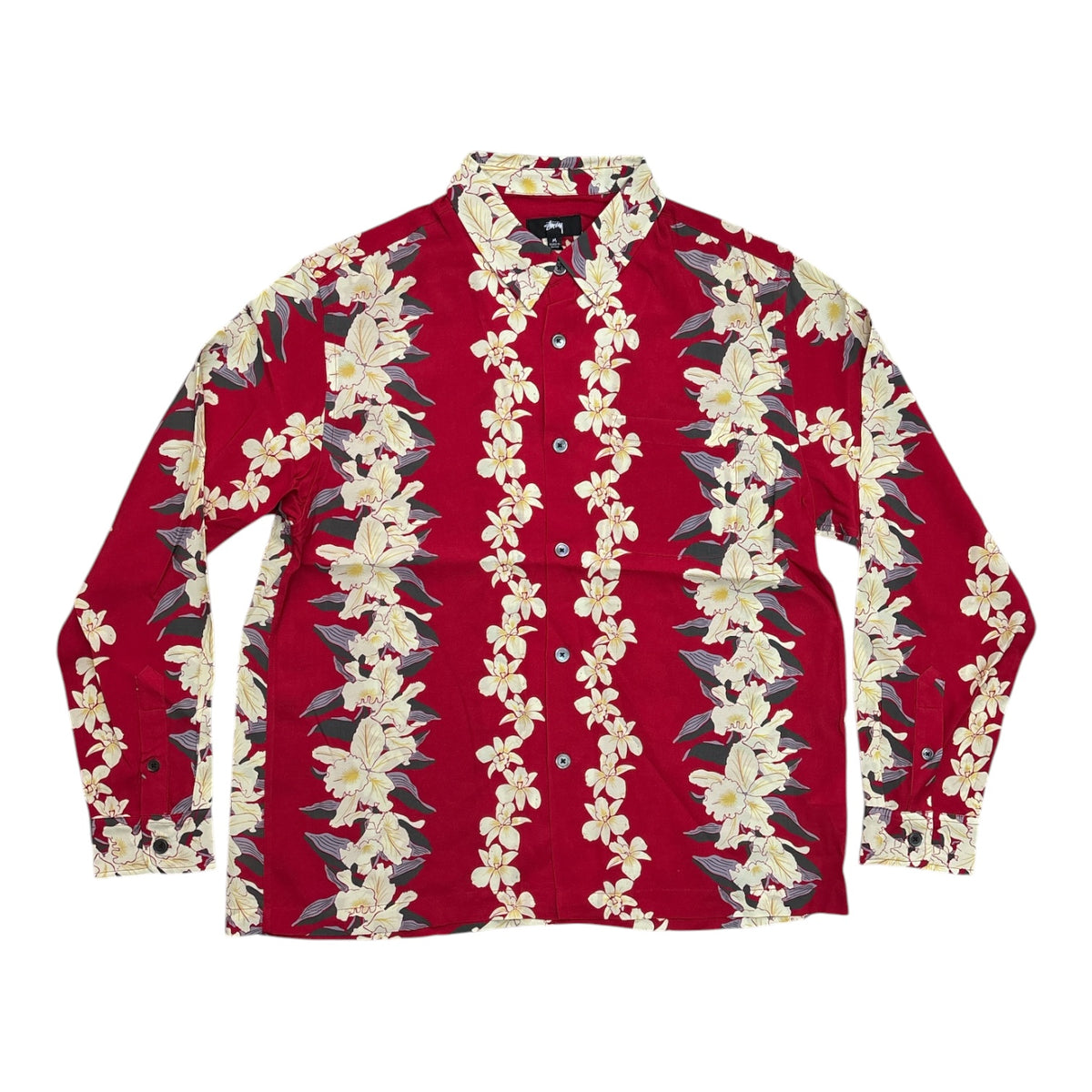 A long-sleeve button-up shirt in red with vertical floral patterns of cream and yellow flowers with green leaves, laid flat on a white background.