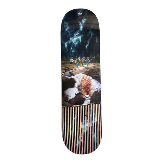 Skateboard deck with a scenic design of people walking in a forest with a waterfall.