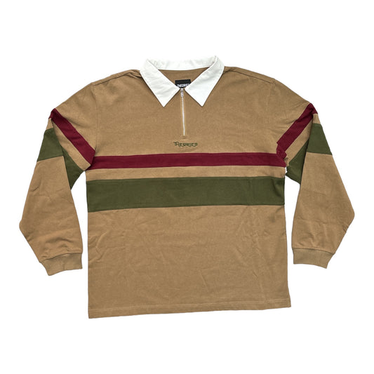 Theories Half Zip Rugby Shirt Sand Maroon Olive FRONT