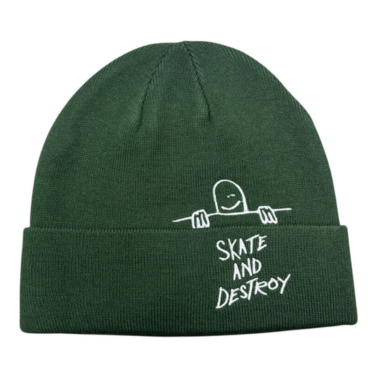 Green beanie with 'Skate and Destroy' text and graphic on a white background