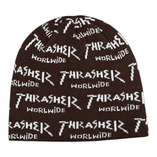 Brown beanie with white 'Thrasher Worldwide' text pattern on a white background