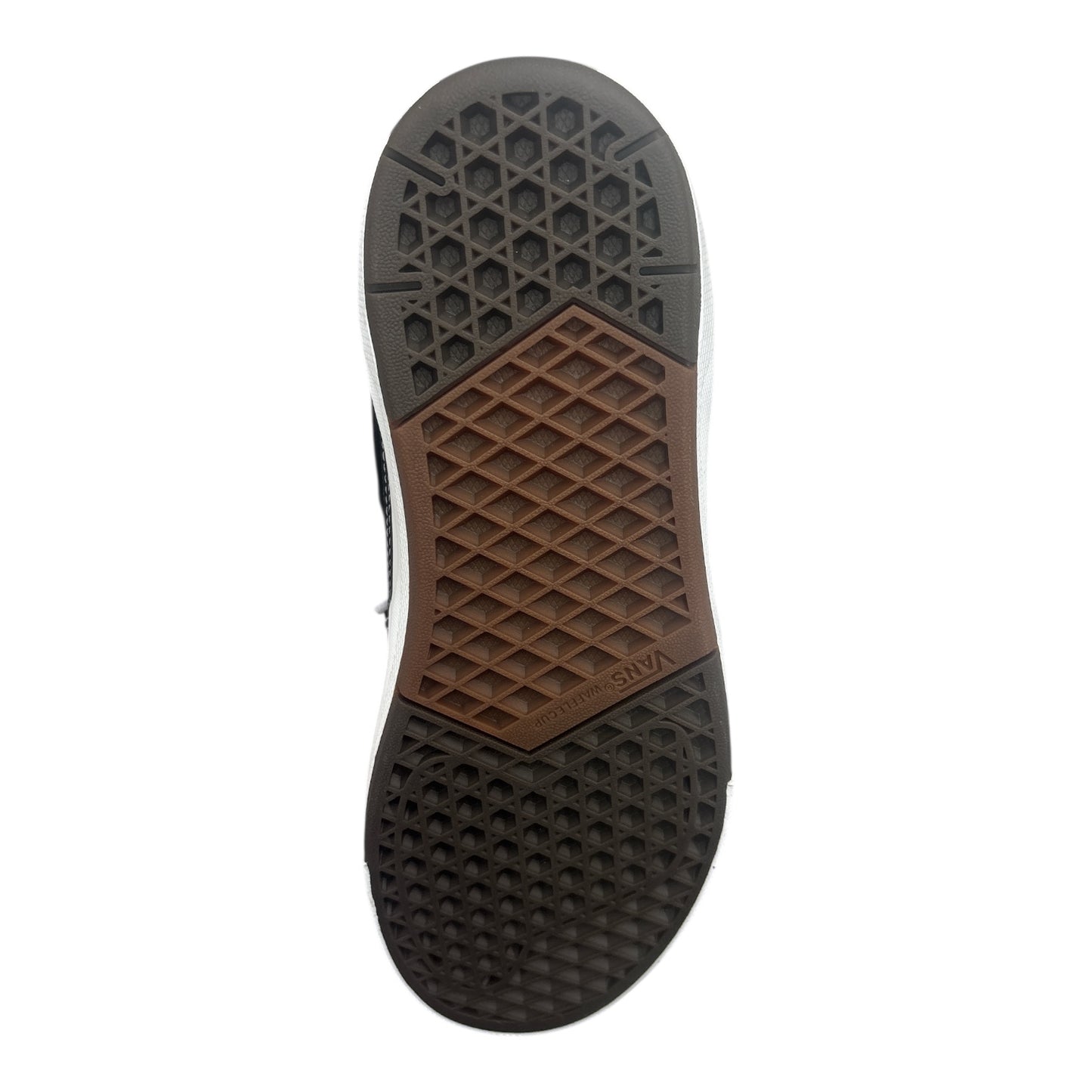 Close-up of a shoe sole with brown and black pattern on a white background