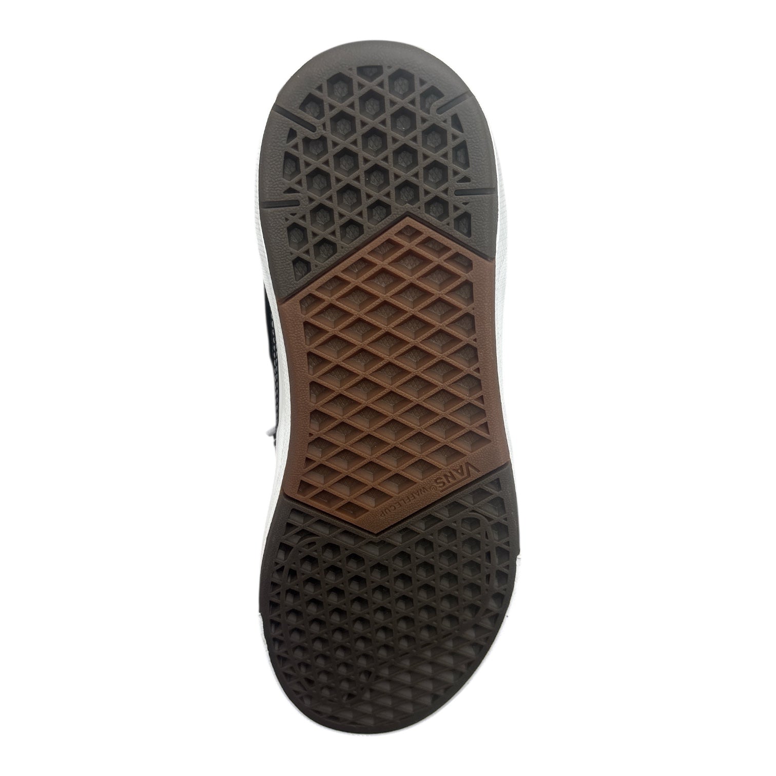 Close-up of a shoe sole with brown and black pattern on a white background
