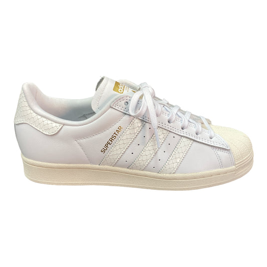 Adidas Superstar ADV SHoe in All white leatehr with snakeskin trim on heel and Stripes. 