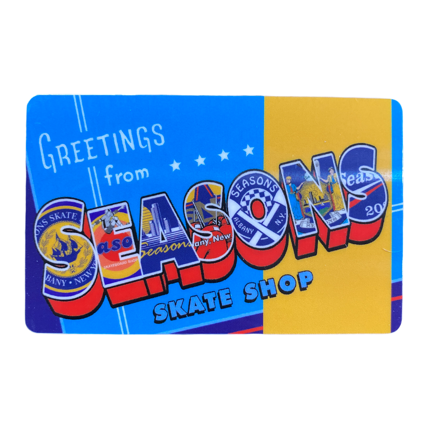A Plastic Gift Card of Multiple Shop Logos inside the word Seasons.